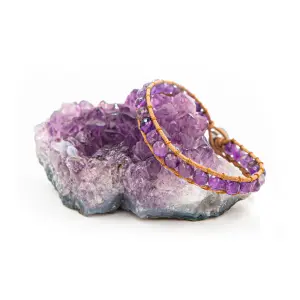 Bracelet en pierres Améthyste et cuir véritable femme Sloya Facelia image-1