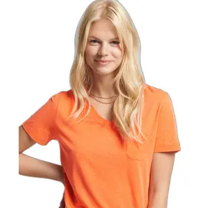 Organic cotton t-shirt with v-neck and chest pocket for girls Superdry image-0