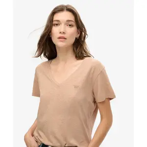 Camiseta de mezcla con logo bordado y cuello en V para mujer Superdry image-4