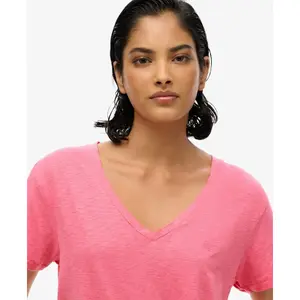 Camiseta de mujer con cuello en V bordado Superdry Slub image-4