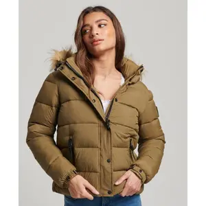 Women's short hooded down jacket with faux fur Superdry image-0