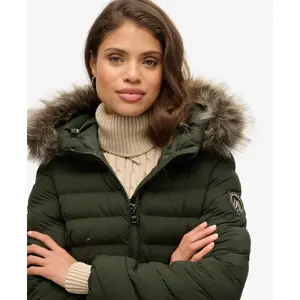 Damska kurtka puchowa średniej długości z kapturem i syntetycznym futrem Superdry image-4