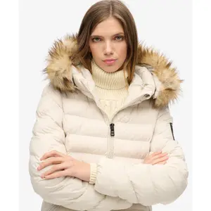 Long hooded puffer coat with faux fur for women Superdry Fuji image-4