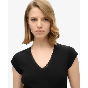 V-Ausschnitt T-Shirt mit Spitzenrand für Frauen Superdry Essential image-4