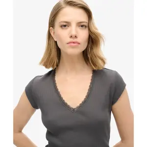 T-Shirt mit V-Ausschnitt und Spitzenbesatz für Damen Superdry Athletic Essentials image-4