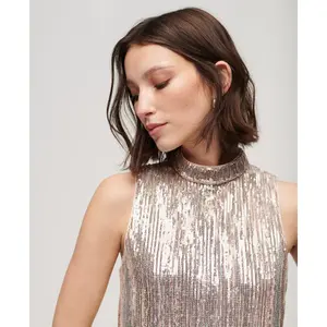 Vestido trapecio corto de lentejuelas sin mangas Superdry image-3