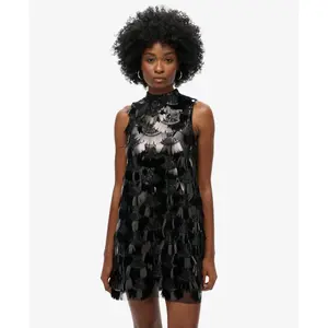 Vestido de corte trapezoidal con flecos y lentejuelas para mujer Superdry image-1