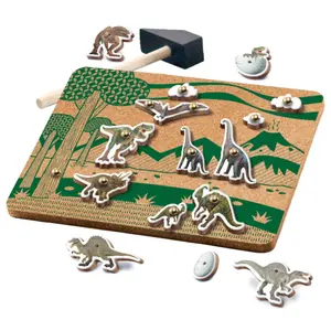 Carpenter's apprentice game with dinosaur figurines + cork plate printed on two sides Totum Dino Forever image-1
