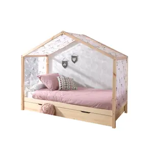 Natural wooden bed with drawer and curtains for children Vipack Dallas DAZH9010+DARB9010+TX20064 image-0