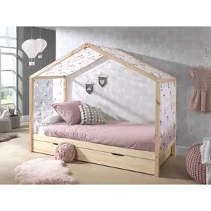 Natural wooden bed with drawer and curtains for children Vipack Dallas DAZH9010+DARB9010+TX20064 image-3