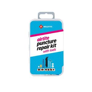 Kit réparation chambre à air VTT avec outils - boîte 4 patchs 18mm + 2 patchs 28x18mm + colle 5g + papier ponce + craie + 3 demontes pneus + 2 cles allen 5 et 6 mm avec notice Weldtite image-1