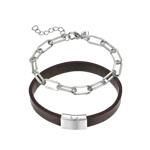 Bracelet cuir véritable/acier inoxydable Marc Lauder