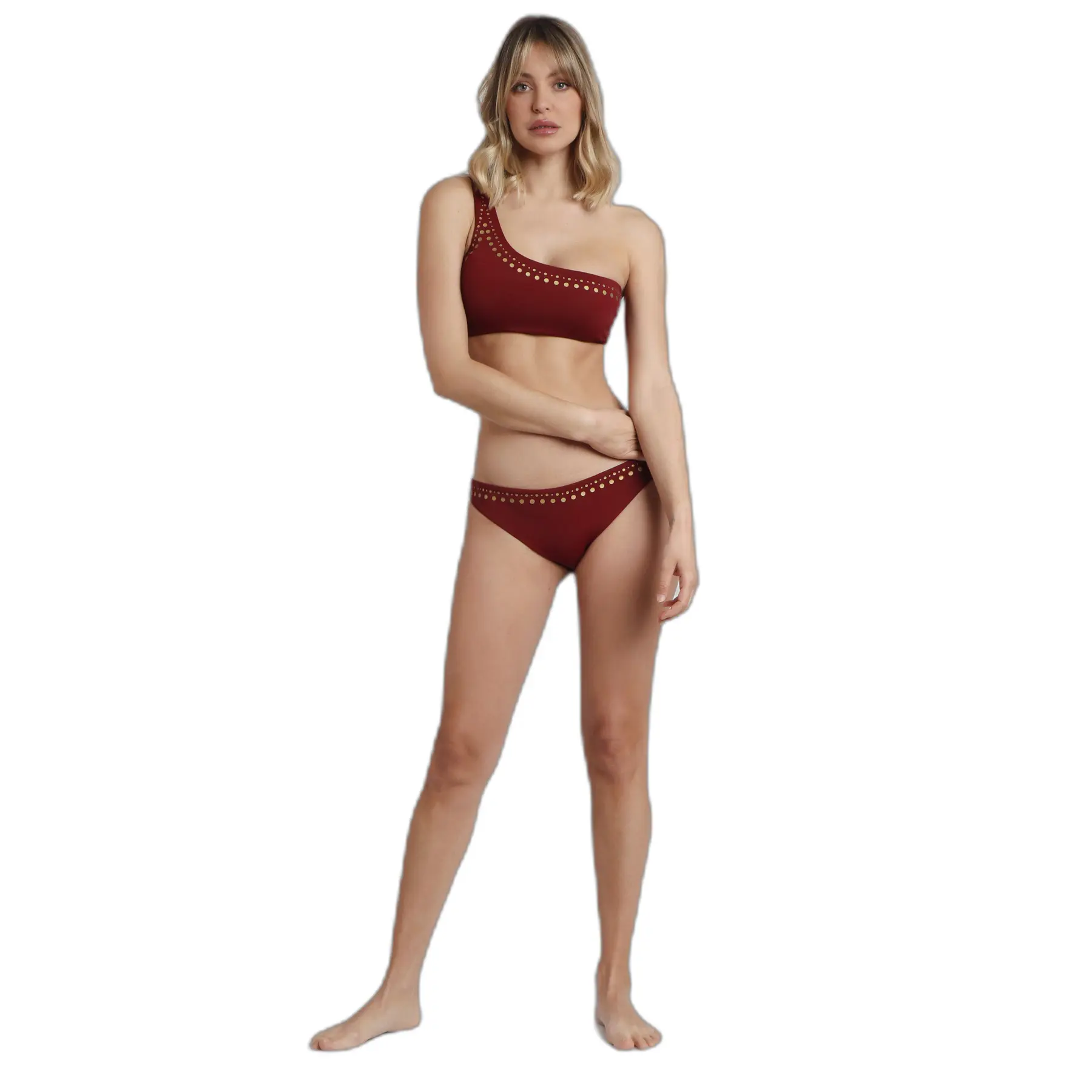 Admas Women's Red Asymmetrical 2-Piece Swimsuit Metallic Stones