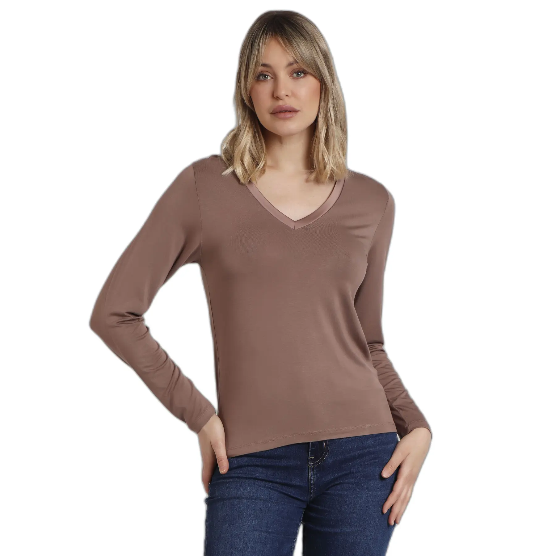 Satin Langarm-T-Shirt mit V-Ausschnitt für Frauen Admas