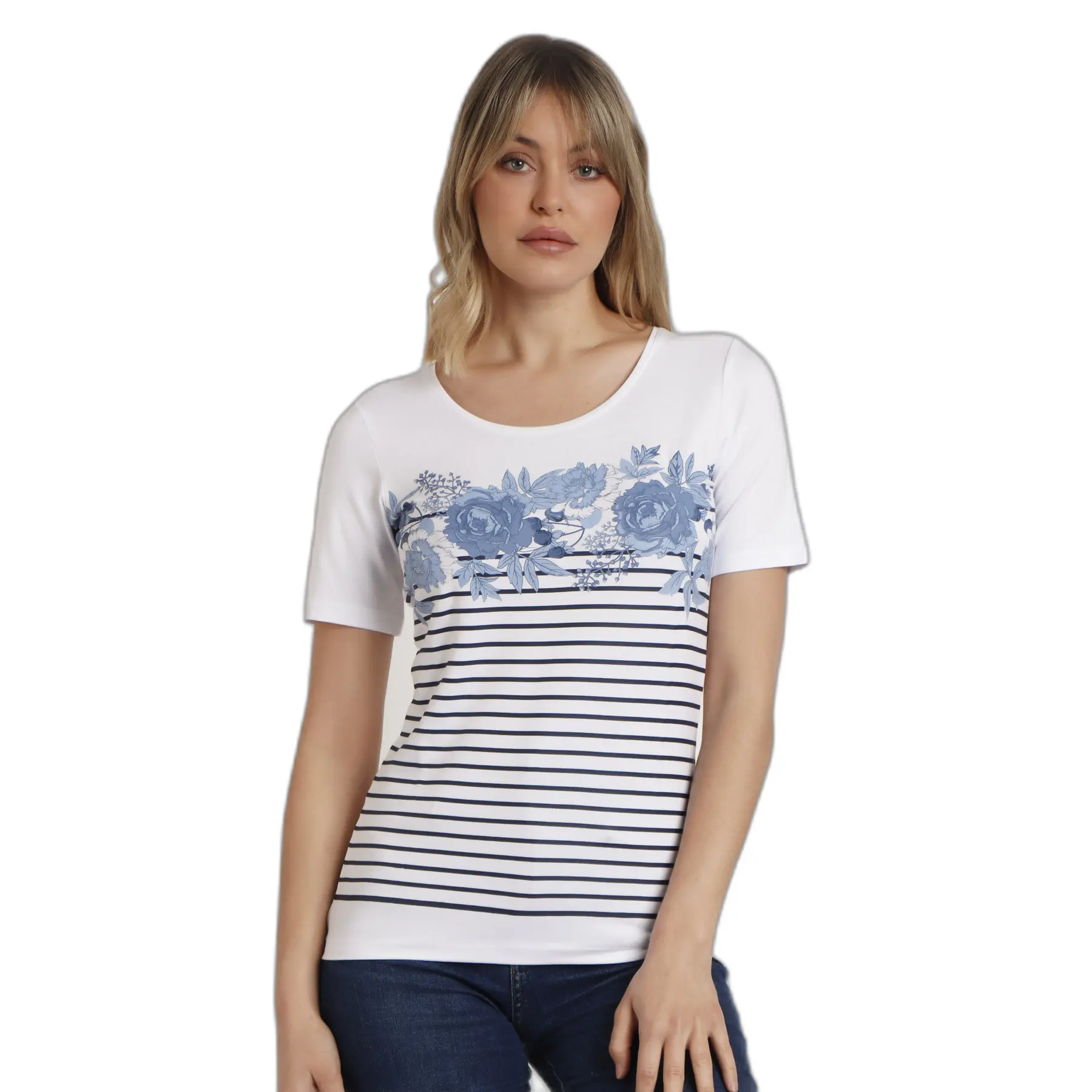 Admas Women's White Striped Floral T-Shirt