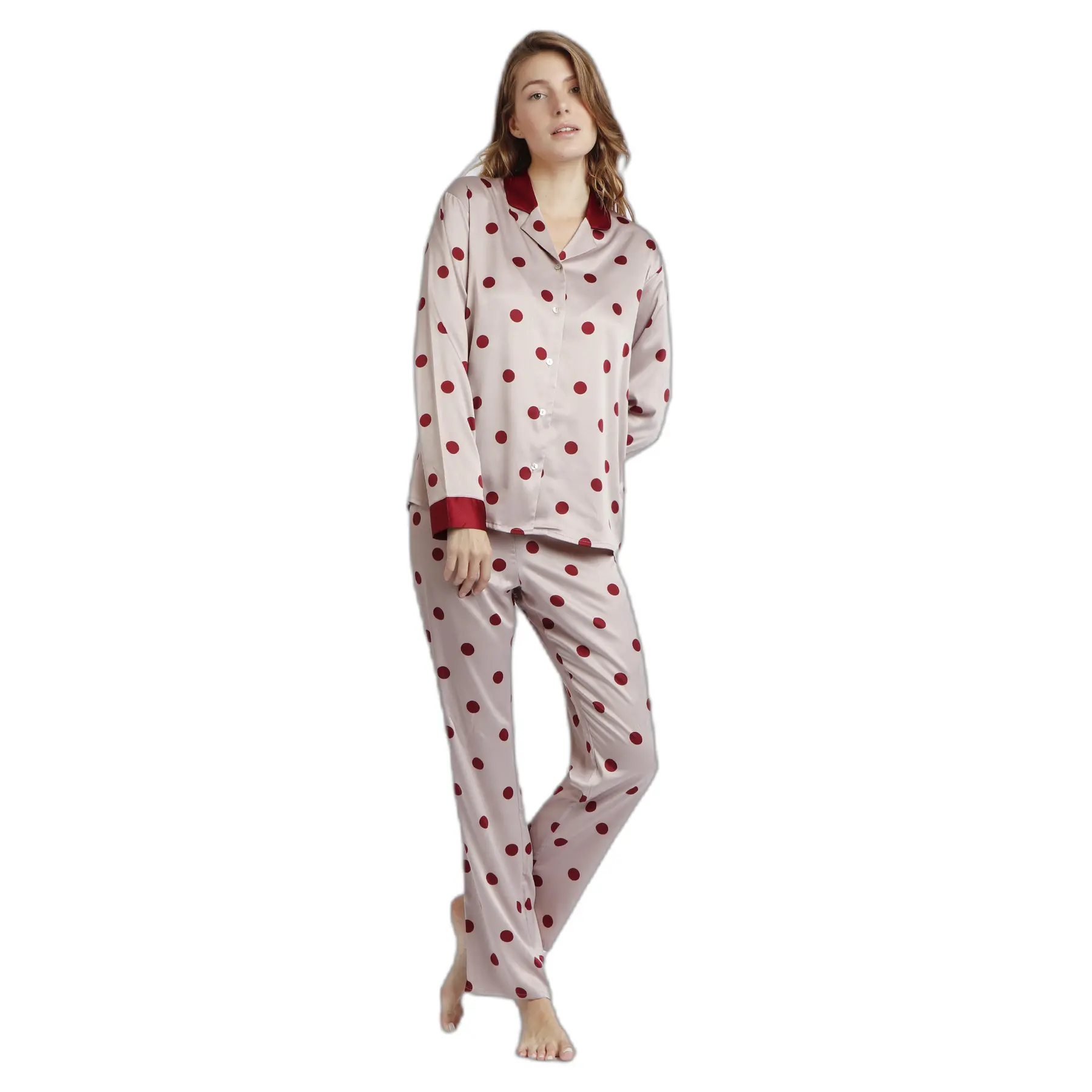 Eleganter Satin-Pyjama mit langen Ärmeln und Punkten für Frauen Admas Classic