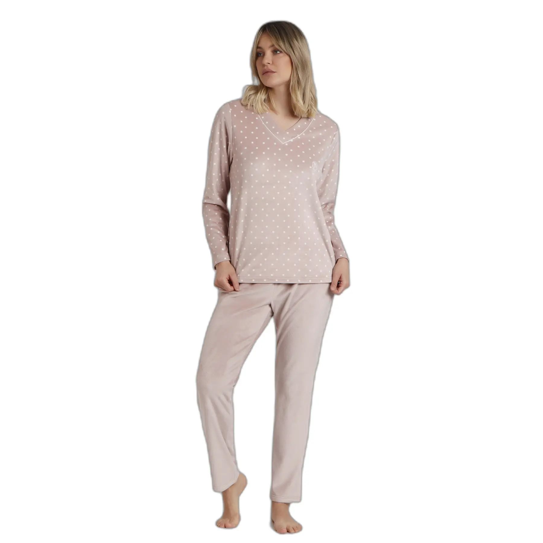 Pigiama maniche lunghe con colletto a V in velluto donna Admas Classic Pico Dots Lace