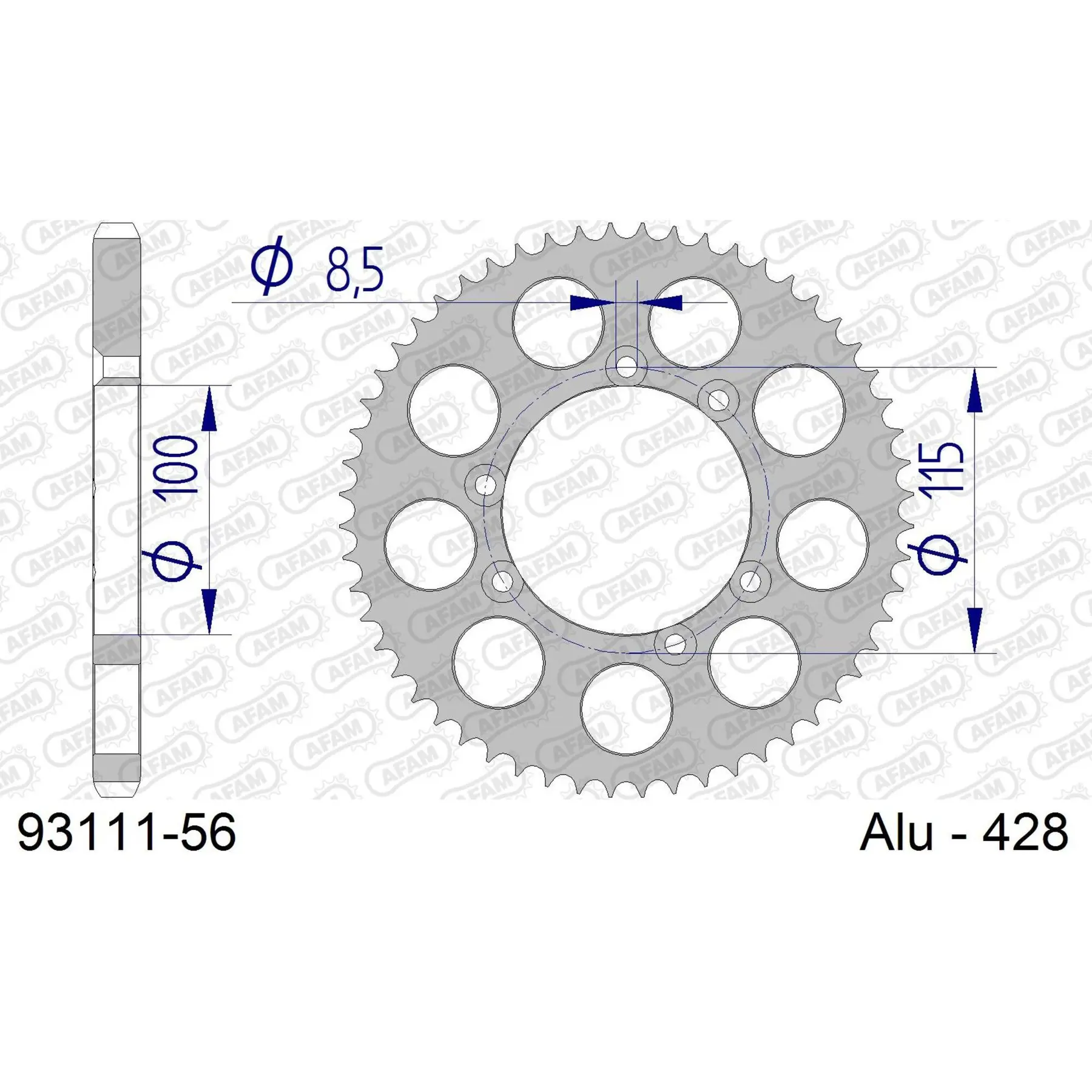 Alu-Motorradritzel hinten Afam 428 56 dents
