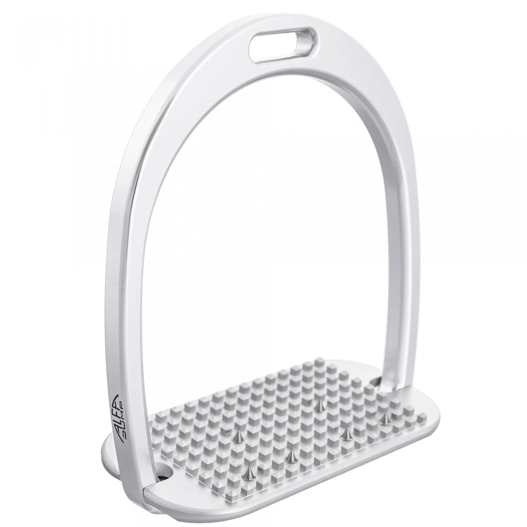 Classic aluminium horse riding stirrups with sloped base and stainless steel spikes Alfa Jump