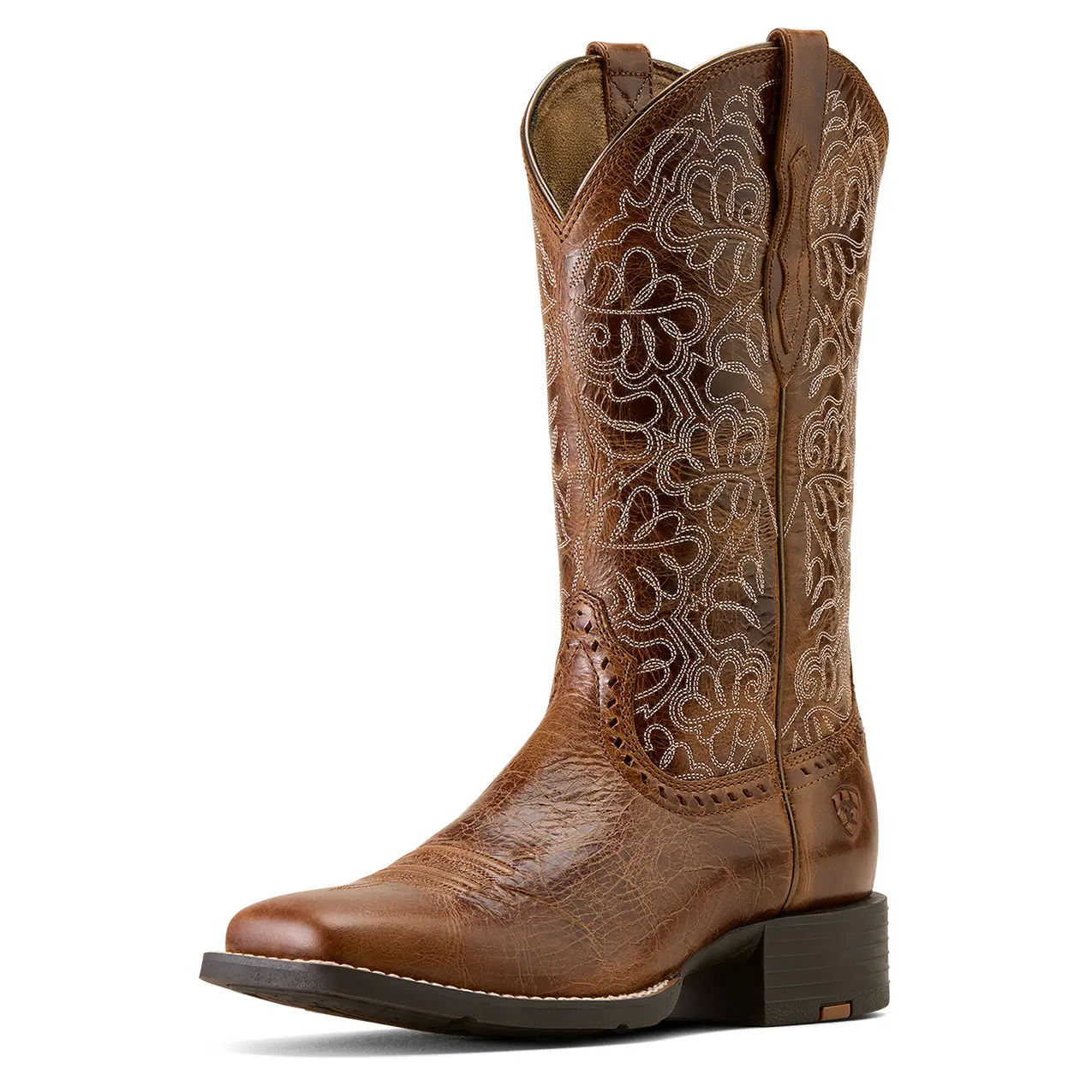 Women's Round Up Remuda Wide Square Toe Western Boots in Aged Tan Leather, B Medium Width, Size 4.5, by Ariat