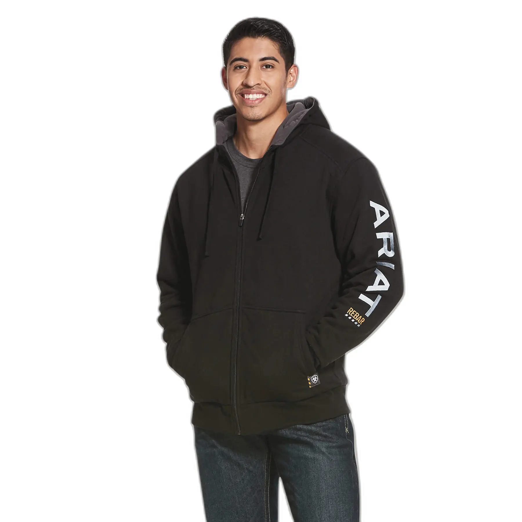 Men's Rebar All-Weather Full Zip Hoodie Long Sleeve Fleece in Black Cotton, Size Small, by Ariat