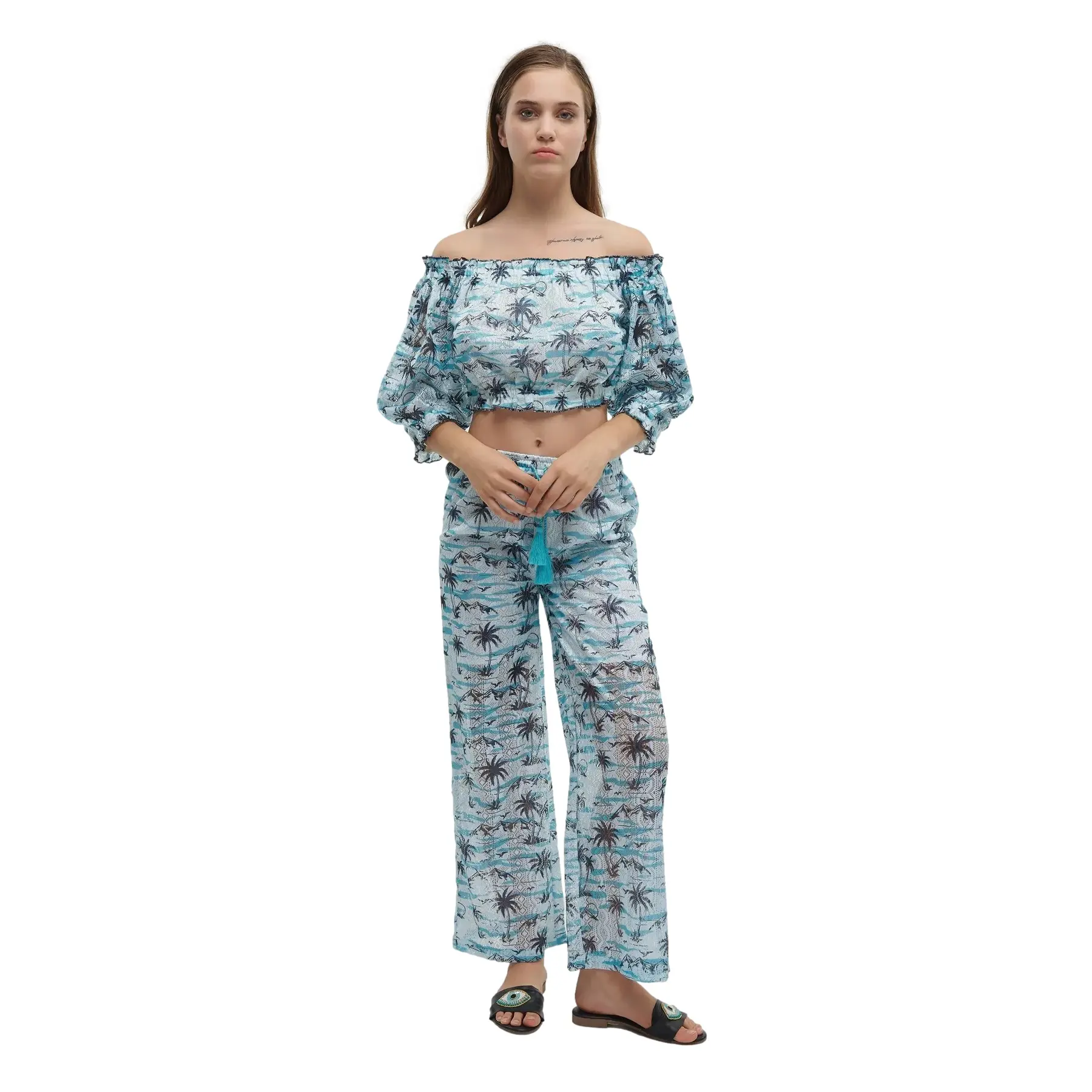Dames set met bedrukt netstof broek en top Ble Resort Collection