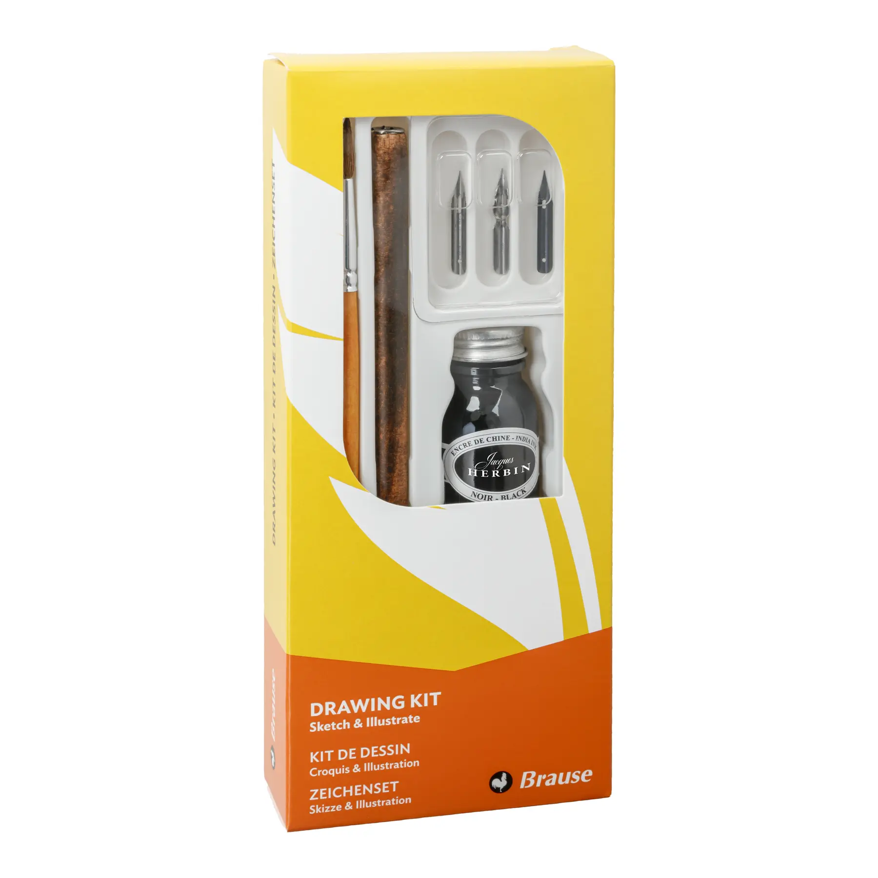 Zeichenset mit 1 Federhalter aus Holz, 3 Federn, 1 Pinsel und 1 Flasche Tusche Brause