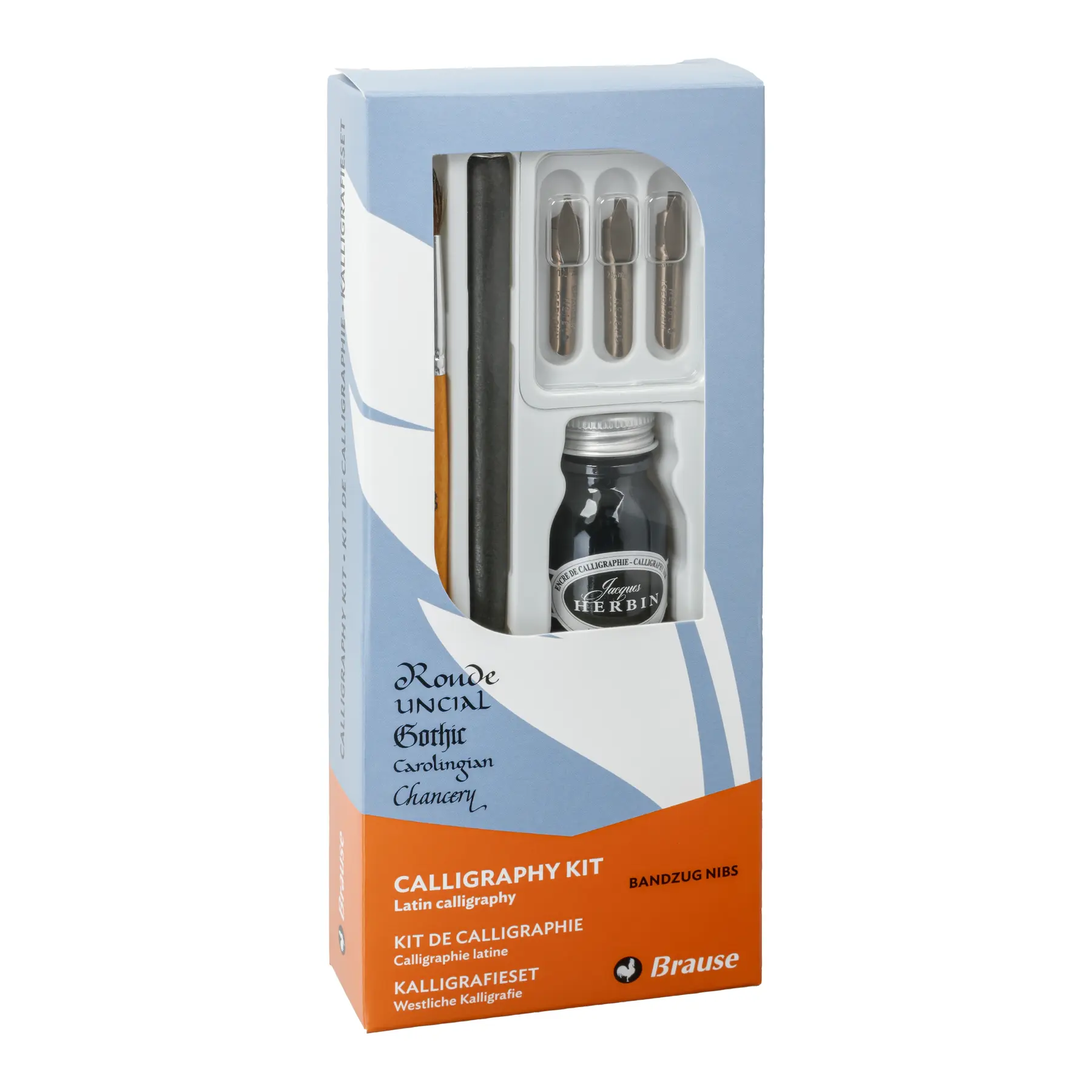 Kalligrafie-Set mit 1 Federhalter aus Holz, 3 Bandzugfedern, 1 Pinsel und 1 Flasche Kalligrafie-Tinte Brause