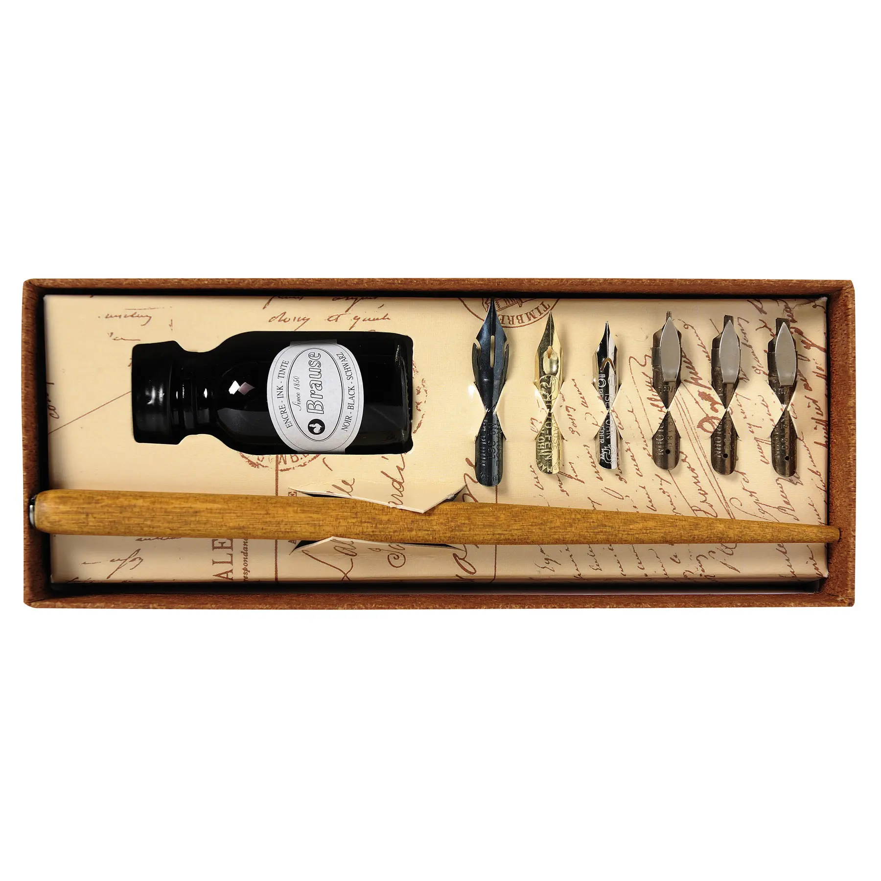 Kalligrafie-Set mit 1 Federhalter aus Holz, 6 Federn und 1 Flasche Kalligrafie-Tinte Brause
