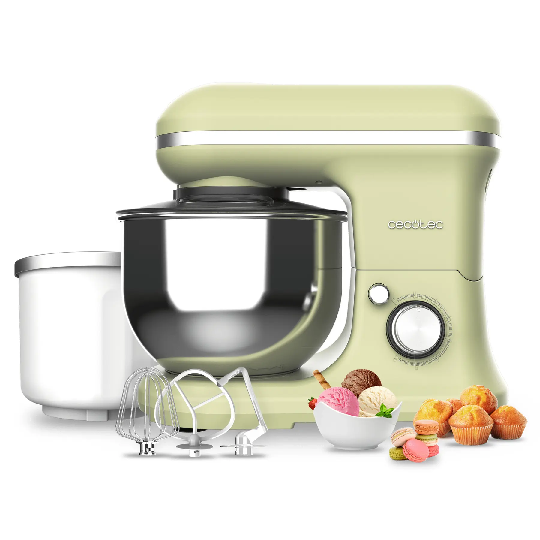 Cecotec Rühr- und Knetmaschine Cecomixer Merengue 5L 1200 Ice-Cream Grün. 1200 W, 5-Liter-Schüssel aus Edelstahl und Zubehör zum Schlagen und Kneten, inklusive Funktion zum Eiscreme machen