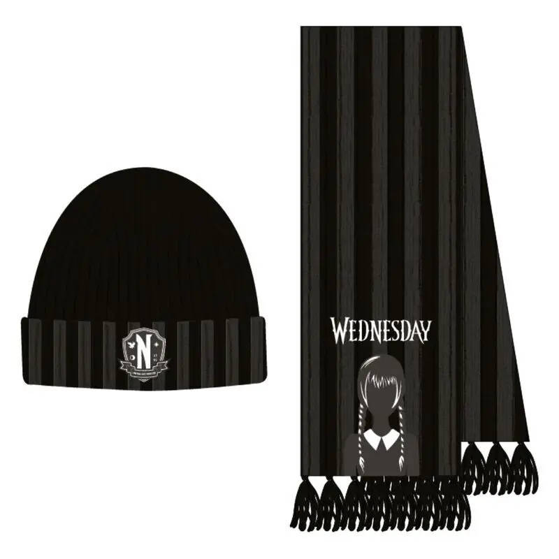 Cerda Unisex Black Hat And Scarf Set Wednesday