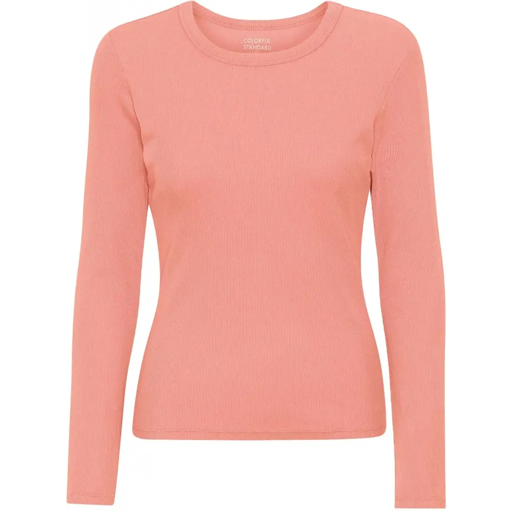Geripptes T-Shirt langarm, Frau Colorful Standard Organic bright coral