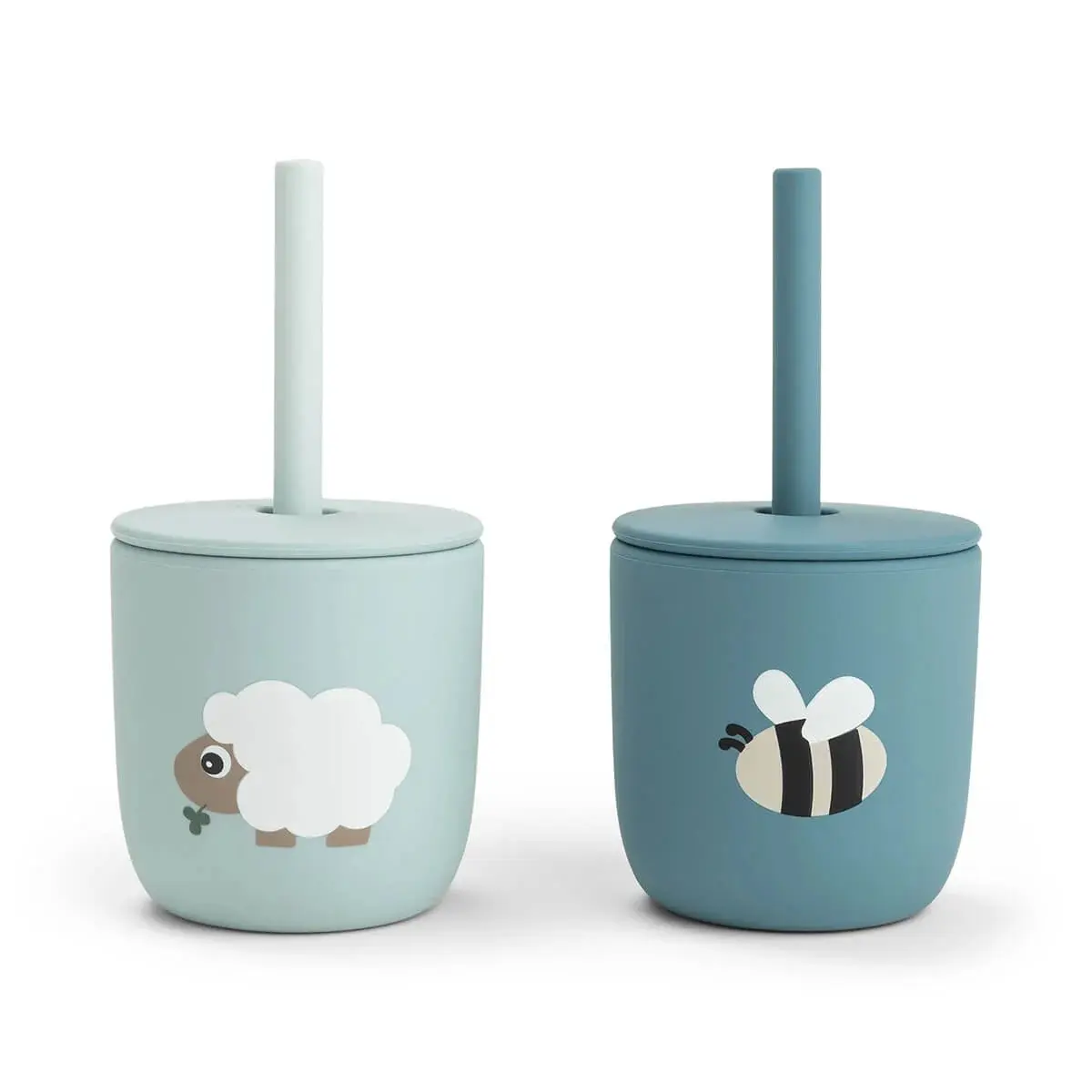 Done By Deer Bleu Gobelets À Paille En Silicone Bébé Tiny Farm (X2)