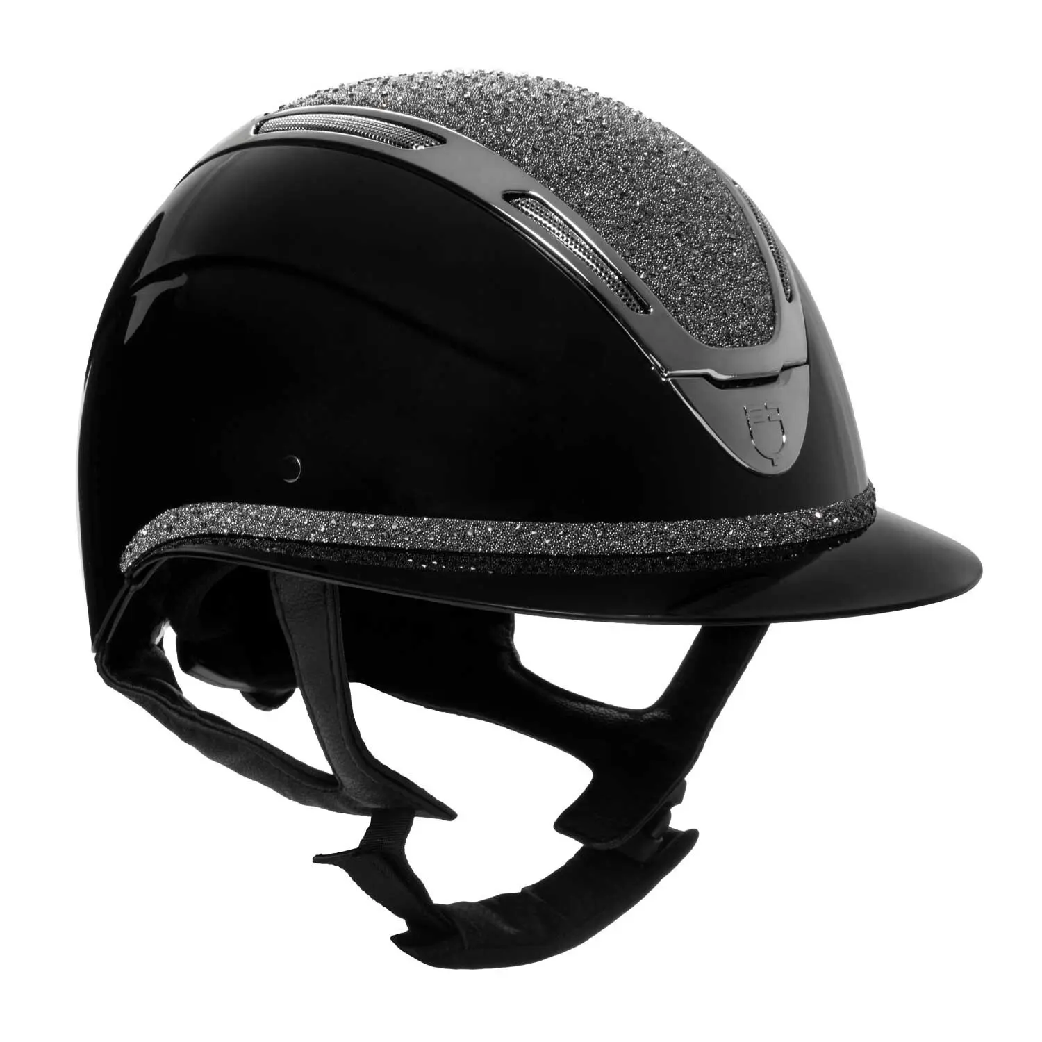 Polo riding helmet with visor, diamonds and shiny shell for women Equestro Apocalypse