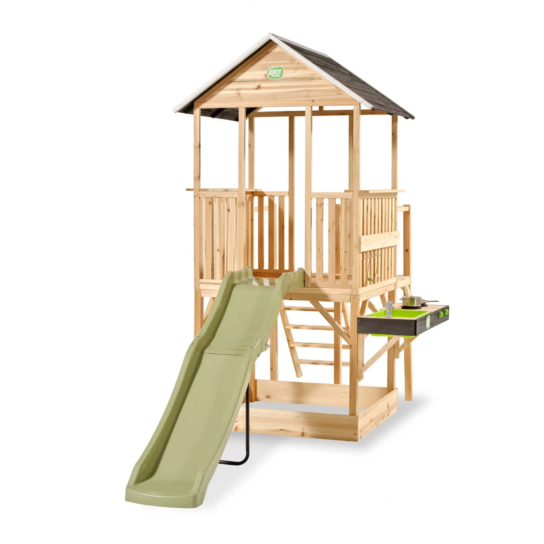 Maisonnette en bois avec toboggan et cuisine et bac à sable Exit Toys Panorama 550