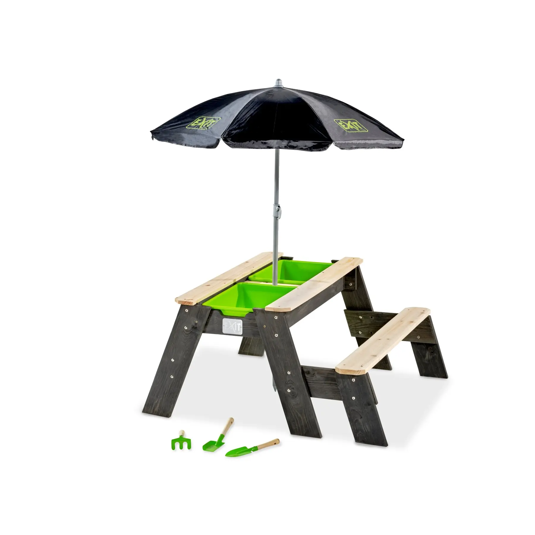 Exit Toys Gris Table D'activités Sable Et Eau, Et De Pique-Nique (1 Banc) Avec Parasol Et Outils De Jardinage Aksent