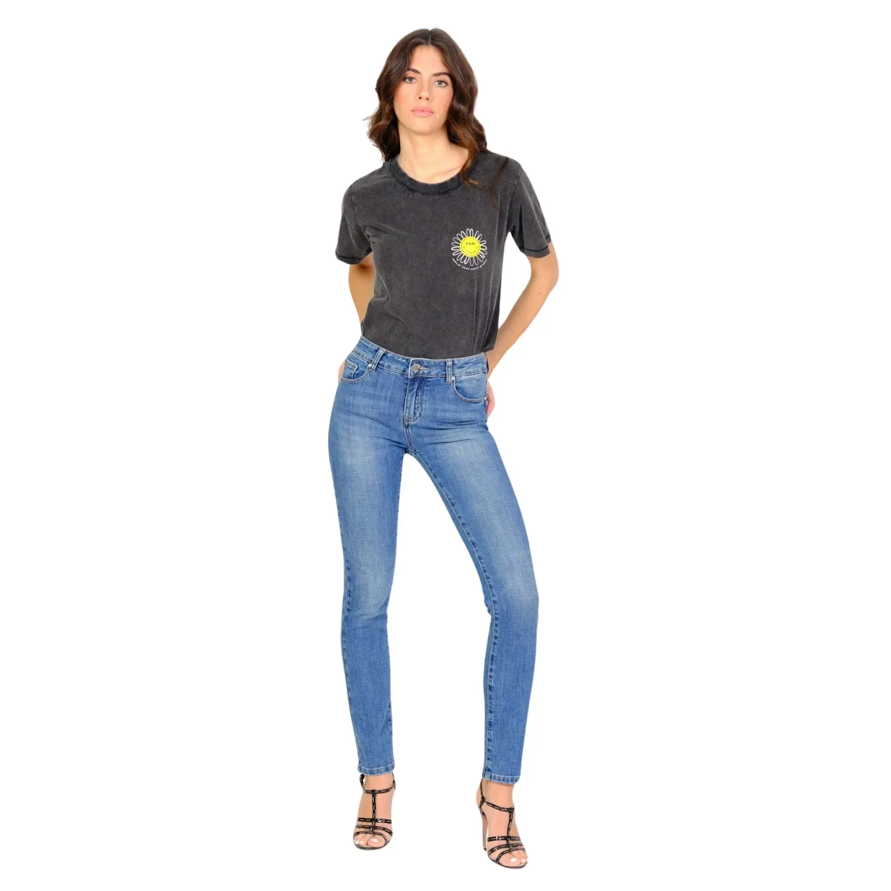 Jeans skinny donna a vita media in cotone elasticizzato blu  Ena