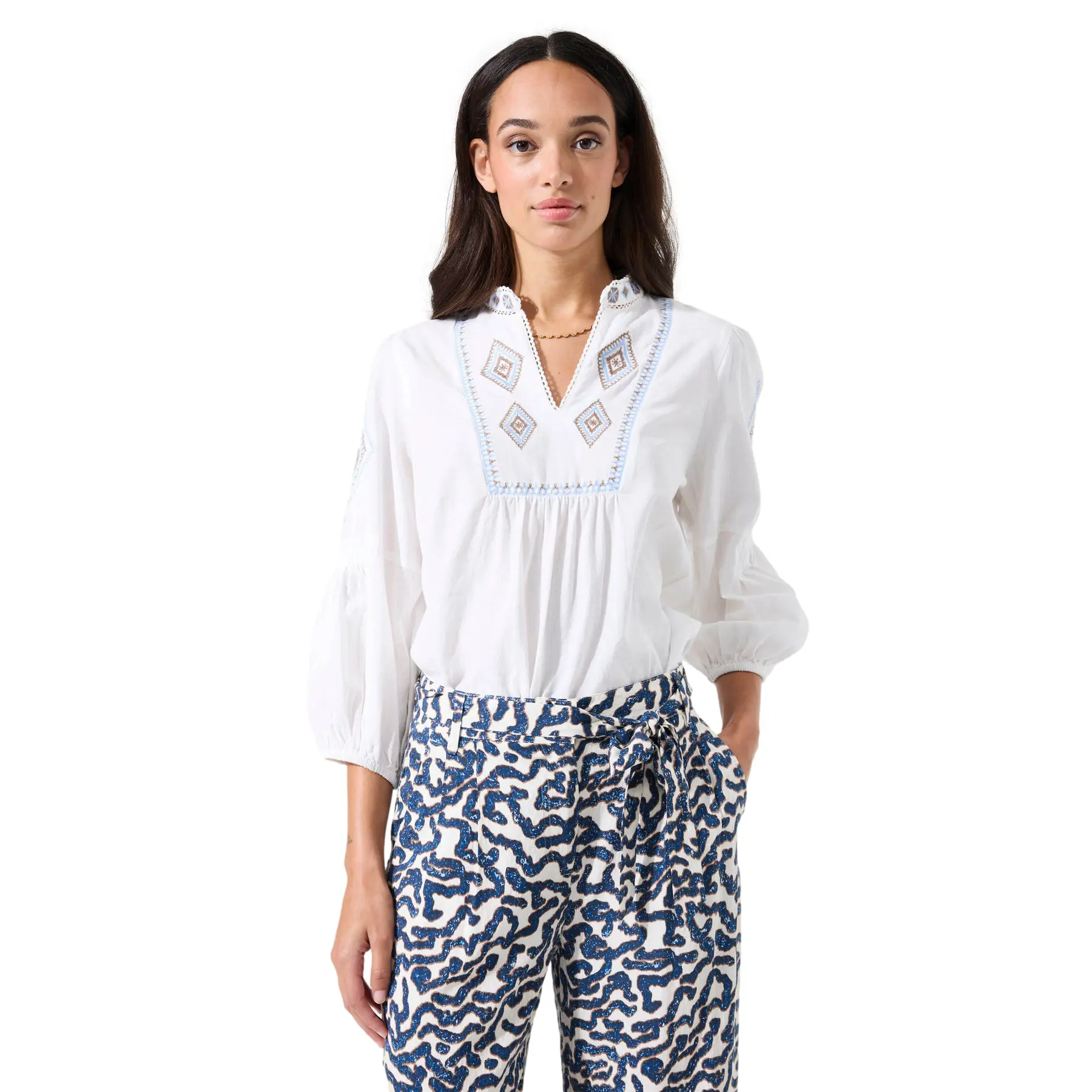 Detailierte V-Ausschnitt-Bluse mit geometrischer Stickerei Damen Garcia