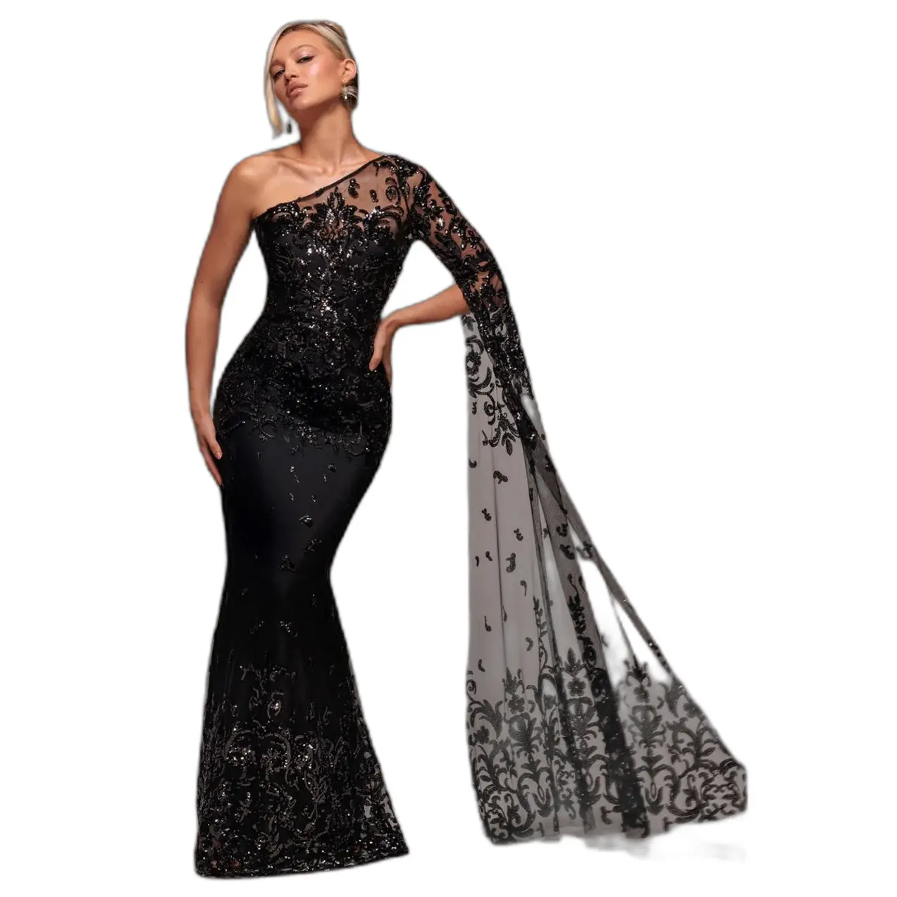 Asymmetrisches Abendkleid mit Pailletten und Netz für Damen Goddiva Maxi