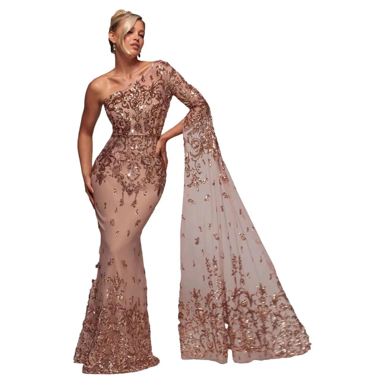 Asymmetrisches Abendkleid mit Pailletten und Netz für Damen Goddiva Maxi