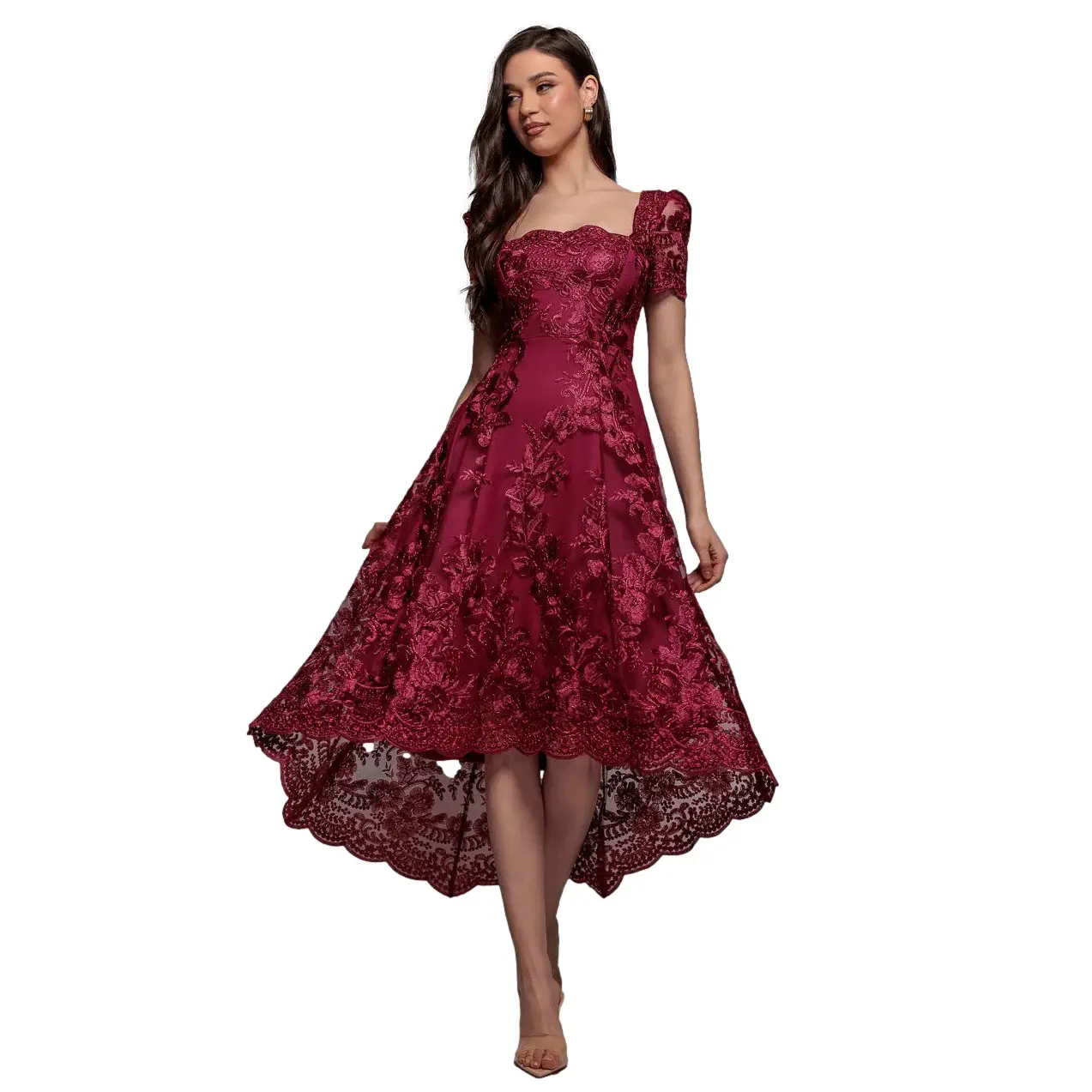 Asymmetrisches Spitzenkleid für Damen Goddiva Midi