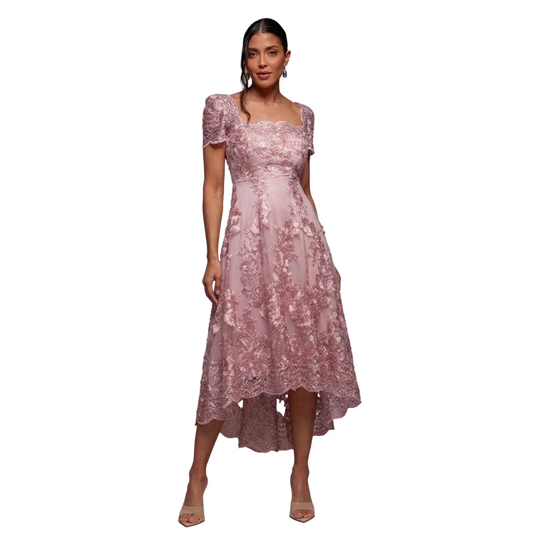 Robe in pizzo ricamato con scollatura a festoni donna  Midi