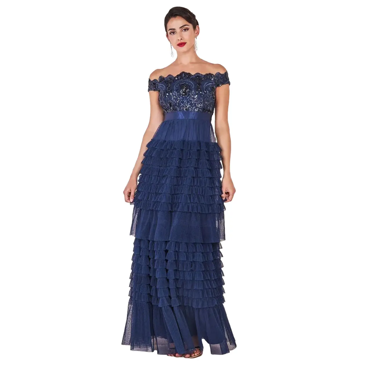Abito in maglia con volant donna Goddiva Bardot Maxi