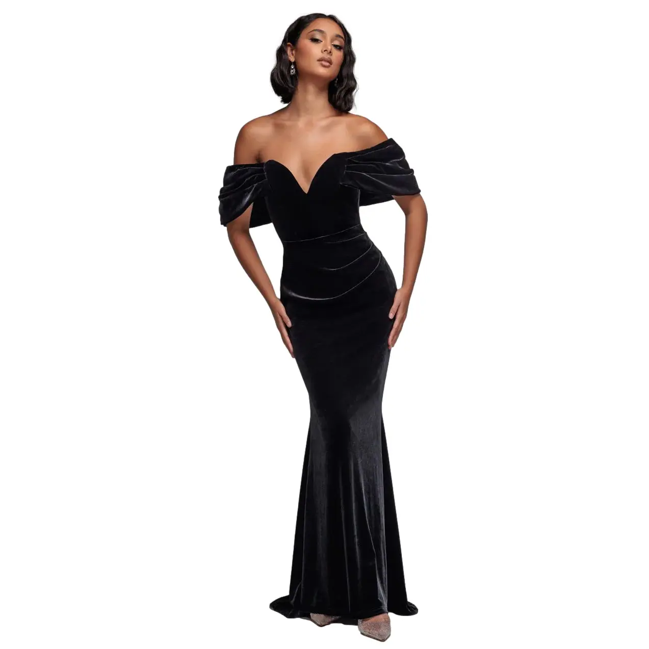 Damen-Textilkleid aus Samt Goddiva Off The Shoulder Deep Plunge Maxi