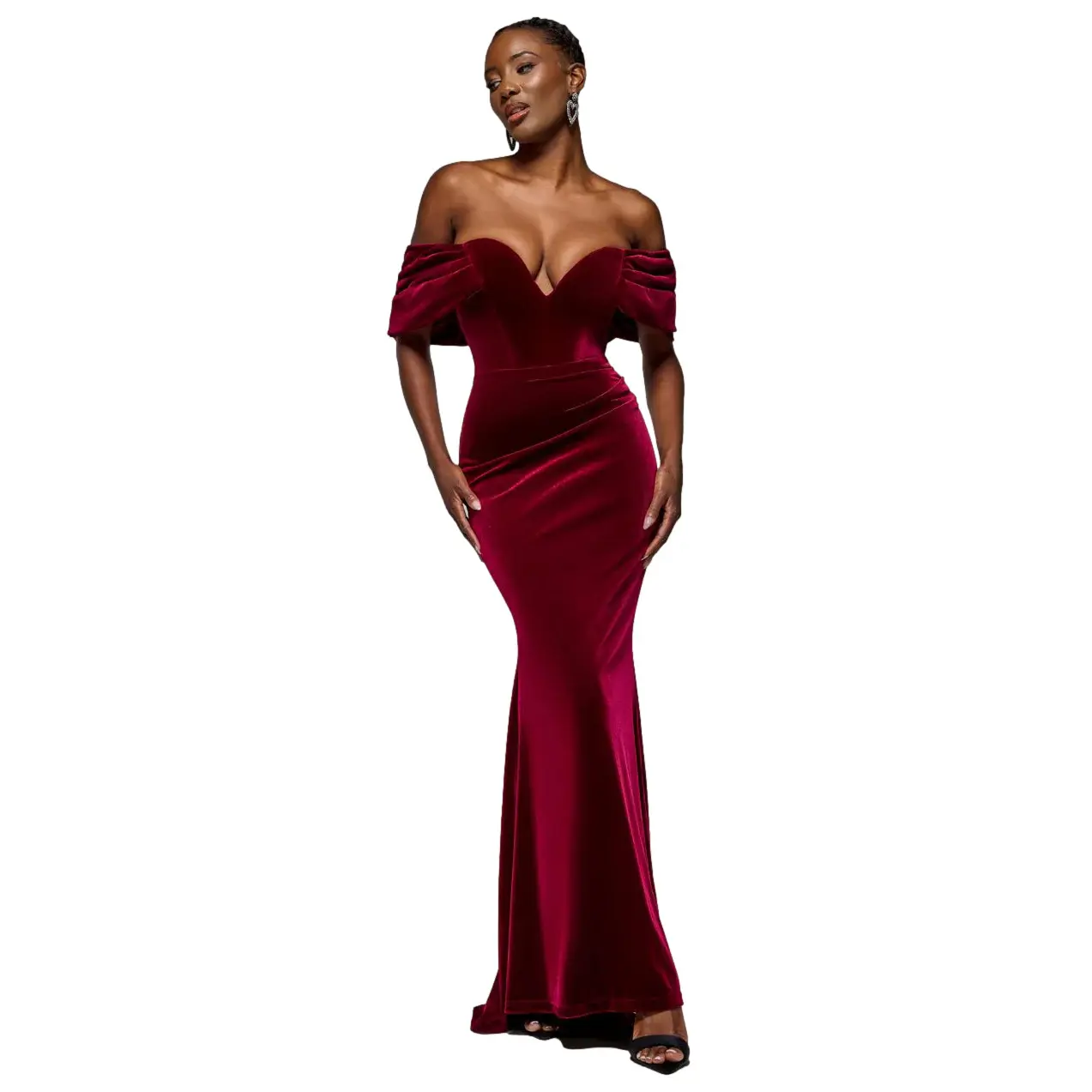 Damen-Textilkleid aus Samt Goddiva Off The Shoulder Deep Plunge Maxi