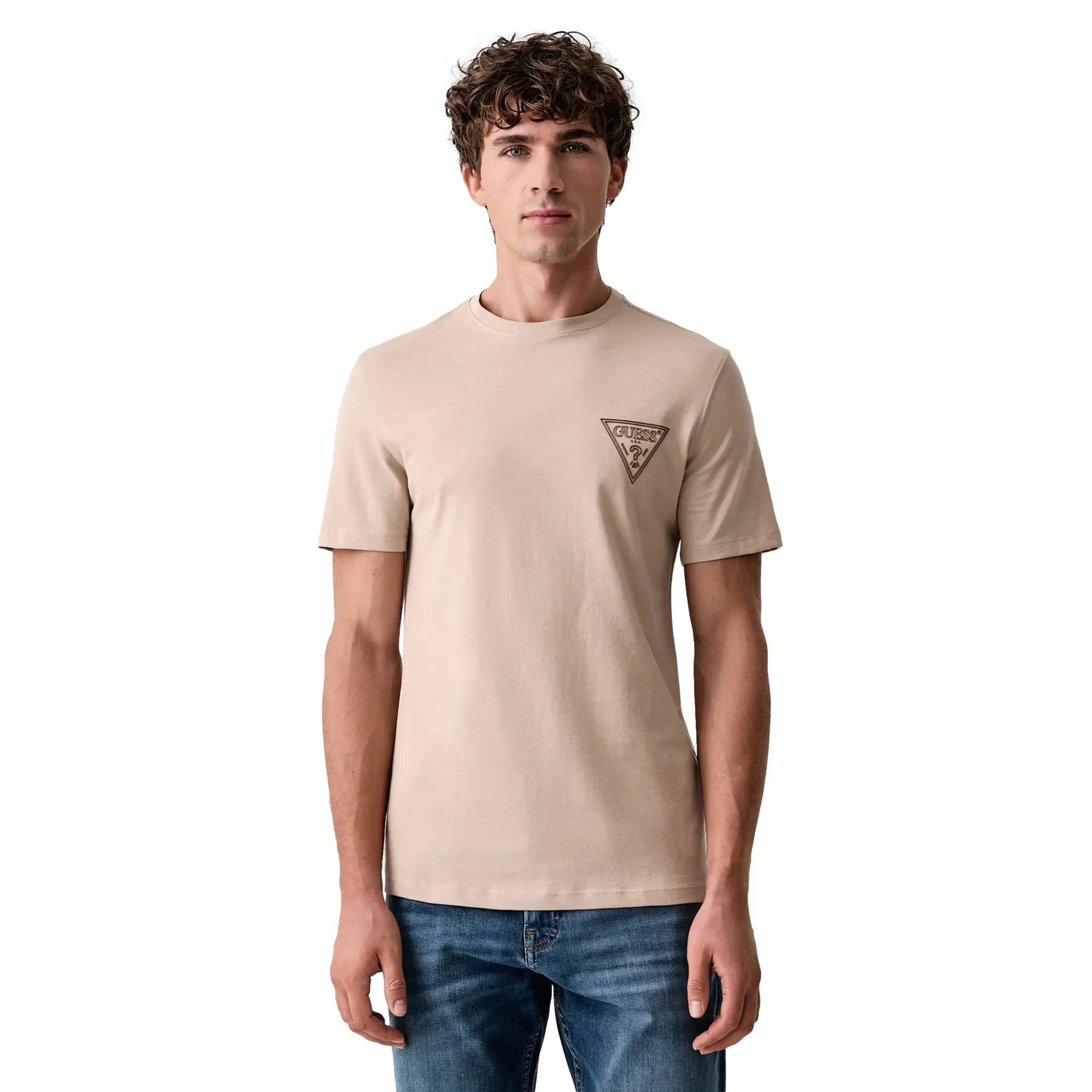 Guess Men's Beige T-Shirt Mid Triangle Injection