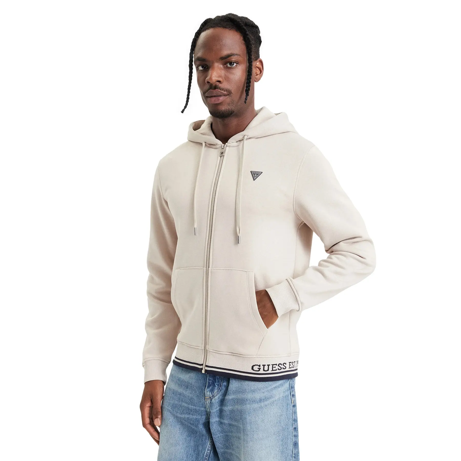 Guess Men's Beige Zip-Up Hoodie Classic