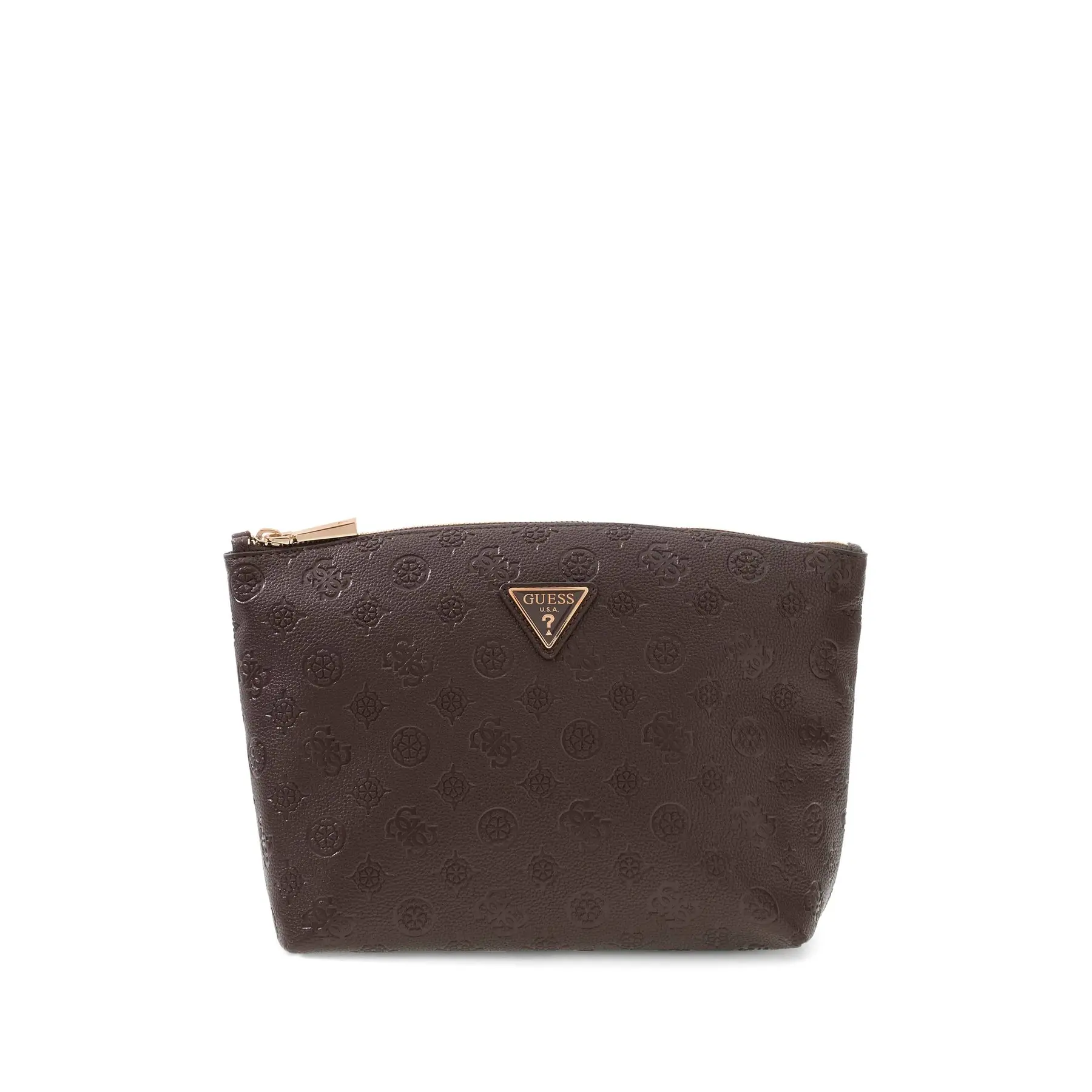 GUESS cosmetische tas Lenwood Travel Top Zip Cosmetic Bag Brown Logo donkerbruin