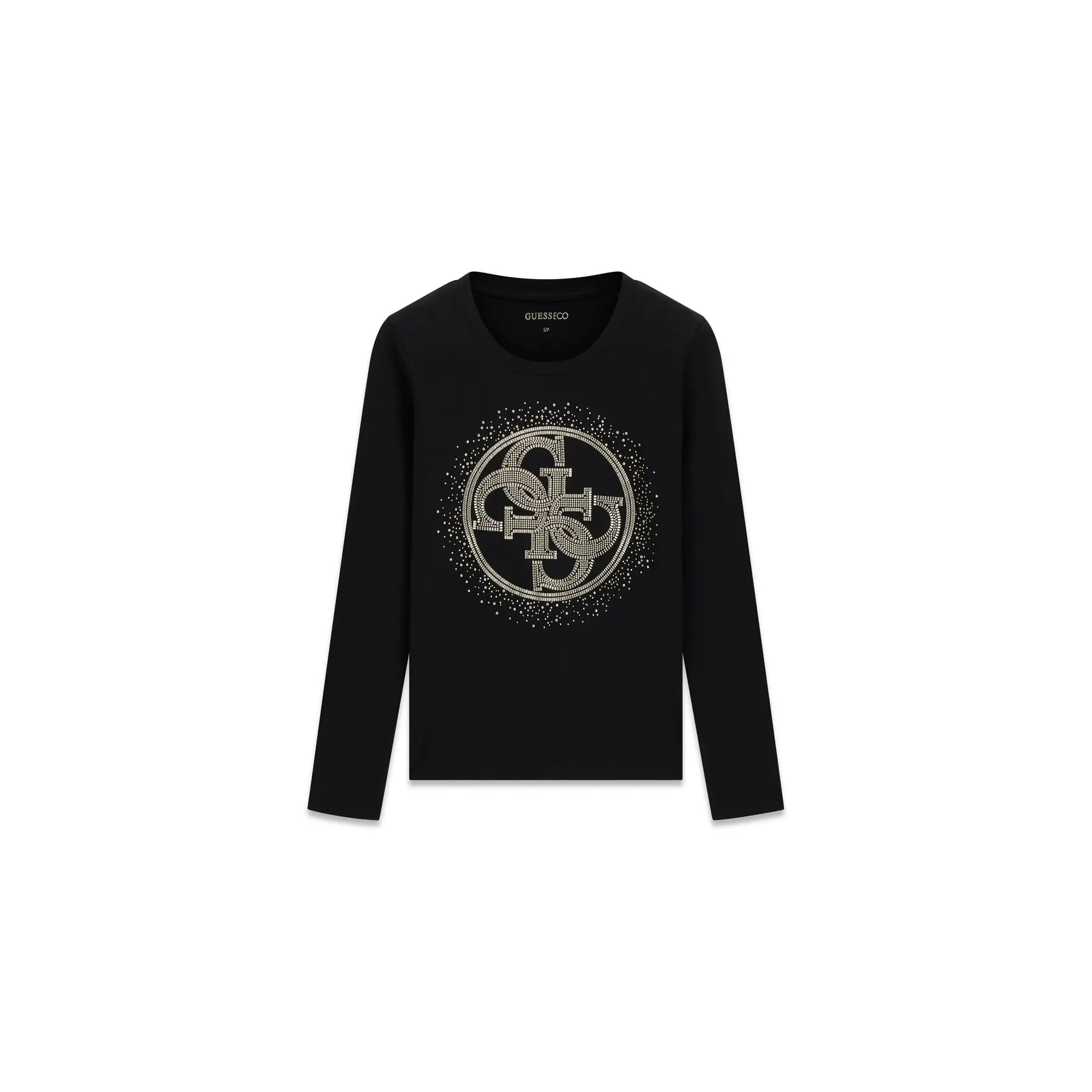 Guess Women's Noir Long Sleeve T-Shirt Round Crystals Logo