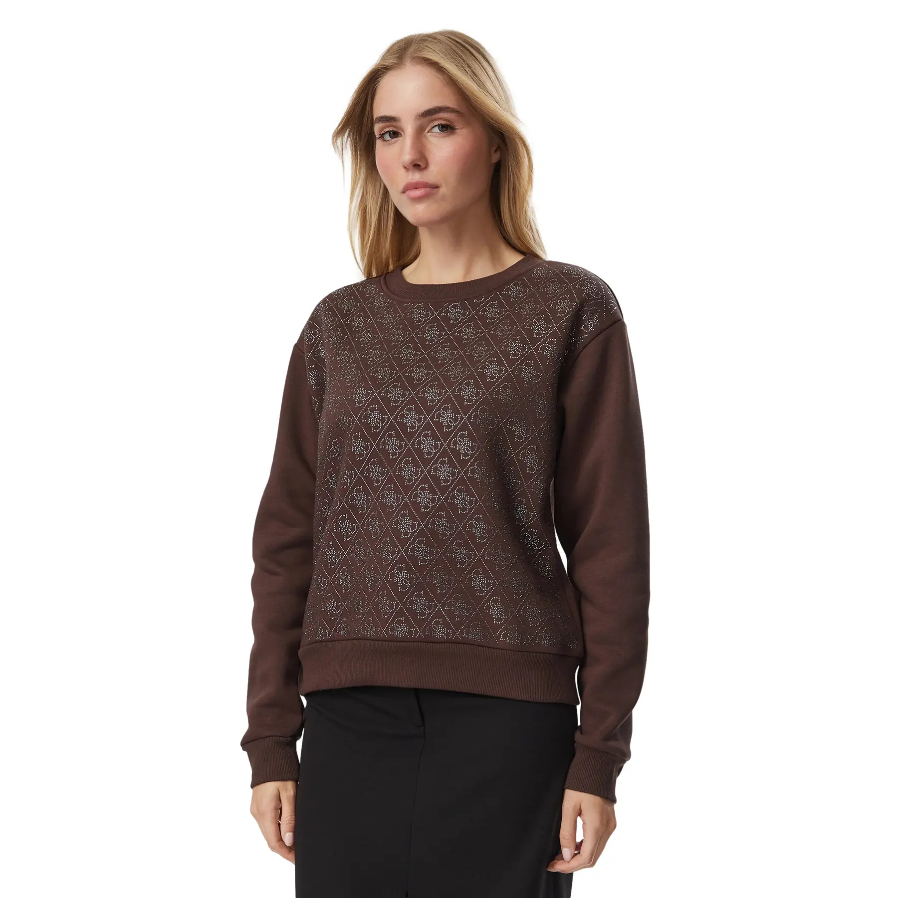 Felpa collo rotondo, motivo 4G integrale e cristalli donna Guess